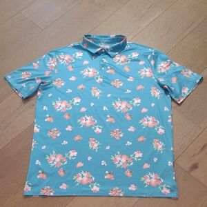 EUC UPSAINT Golf Polo Men's sz XL Blue Floral Save the Turtles Short Sleeve Polo